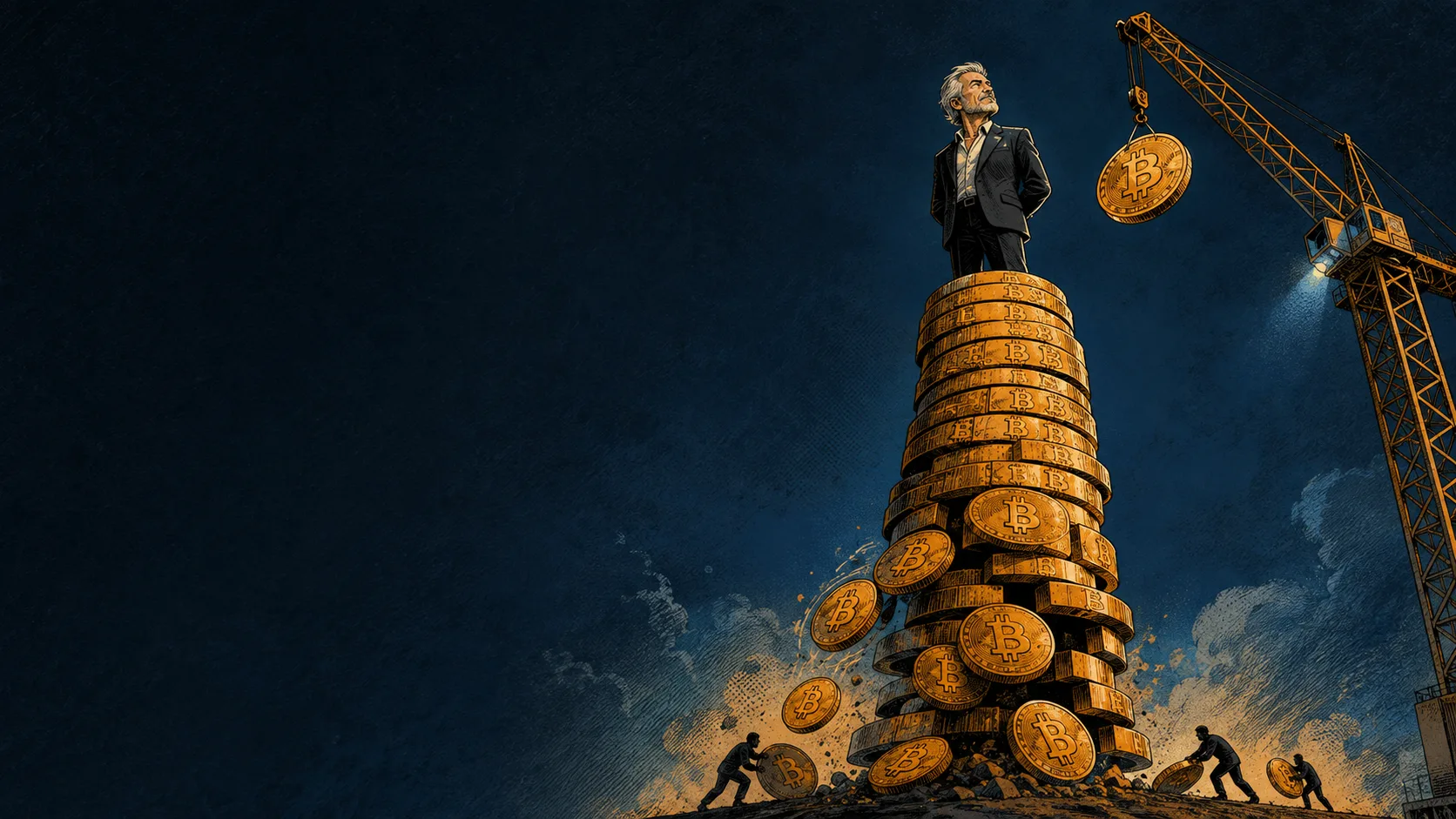 微策略賣比特幣示意插畫：由比特幣金幣堆成的高塔，塔頂仍在增建，塔基的金幣正被搬走